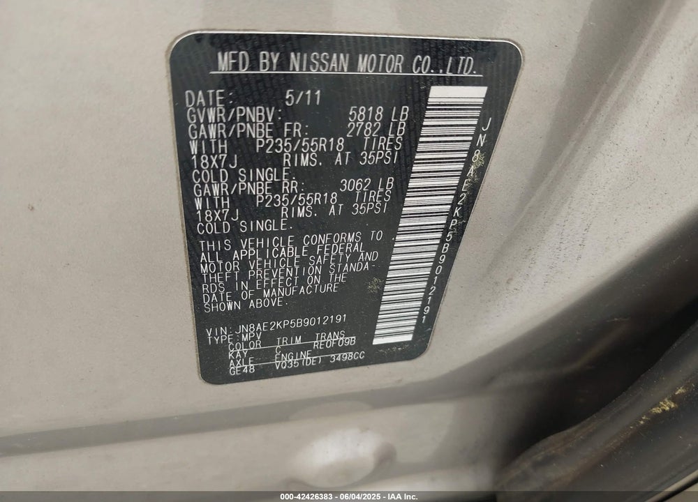 2011 NISSAN QUEST VIN: JN8AE2KP5B9012191