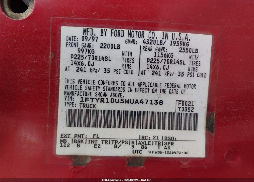 1998 FORD RANGER SPLASH/XL/XLT VIN: 1FTYR10U5WUA47138
