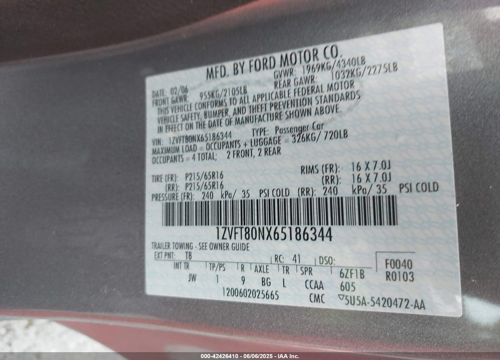 2006 FORD MUSTANG VIN: 1ZVFT80NX65186344