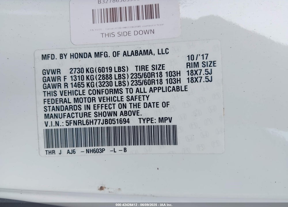 2018 HONDA ODYSSEY EX-L VIN: 5FNRL6H77JB051694