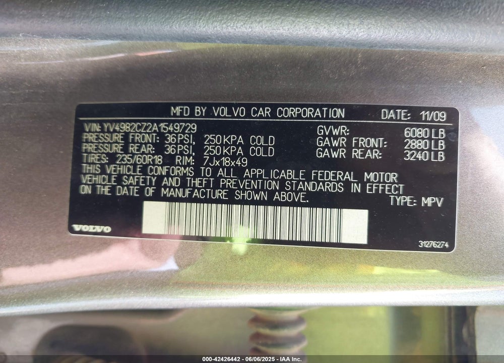 2010 VOLVO XC90 3.2 VIN: YV4982CZ2A1549729
