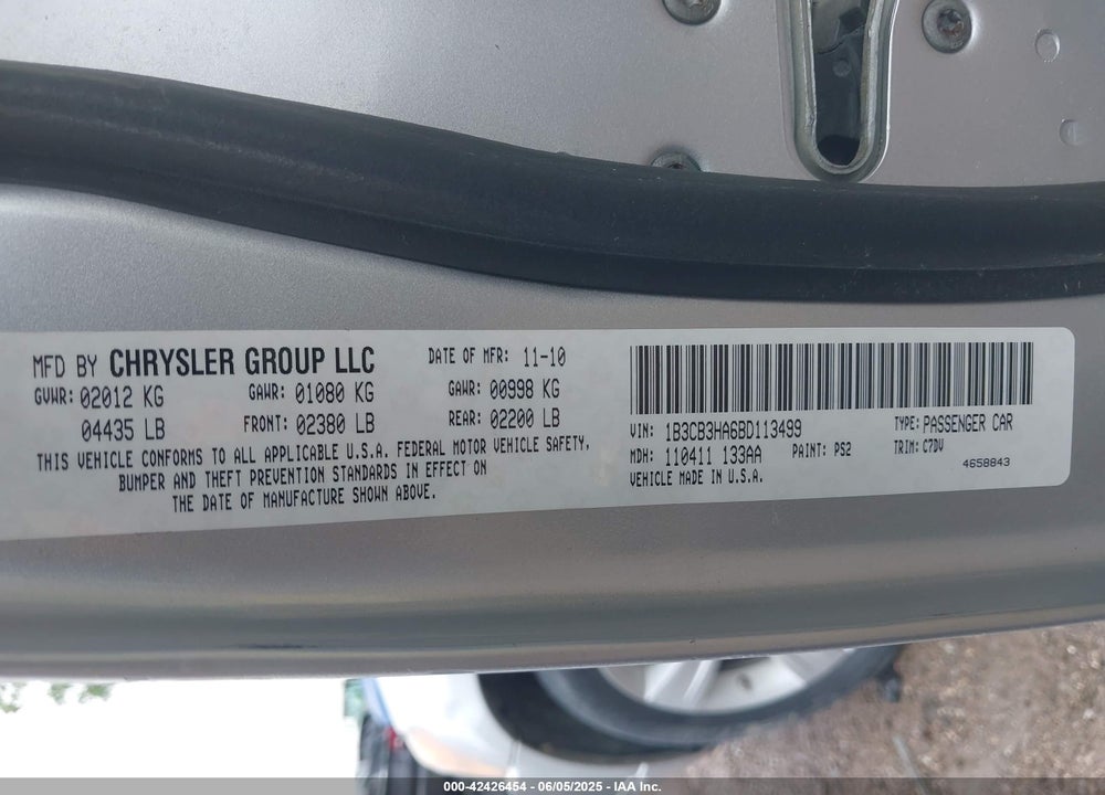 2011 DODGE CALIBER VIN: 1B3CB3HA6BD113499