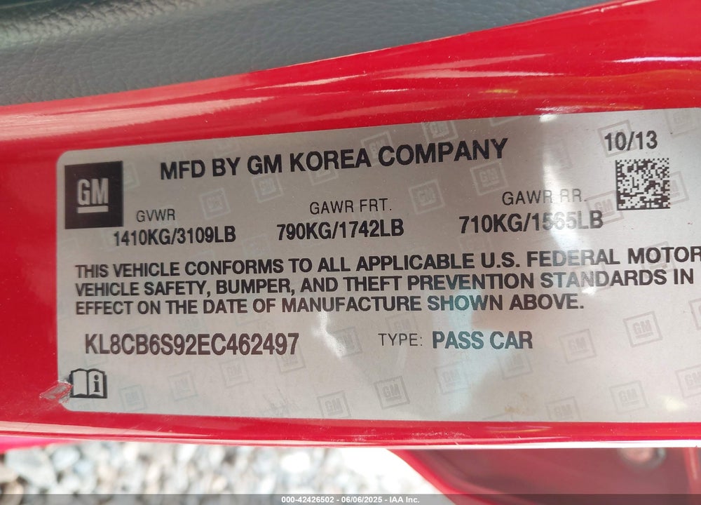 2014 CHEVROLET SPARK VIN: KL8CB6S92EC462497