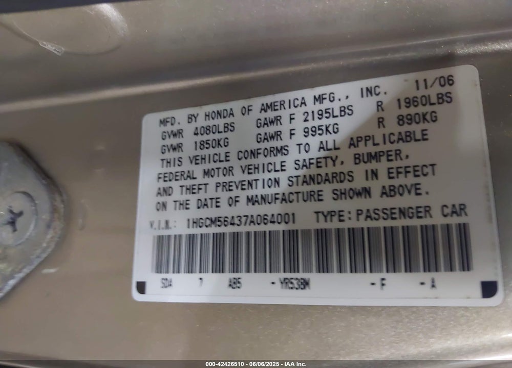 2007 HONDA ACCORD 2.4 LX VIN: 1HGCM564378064001