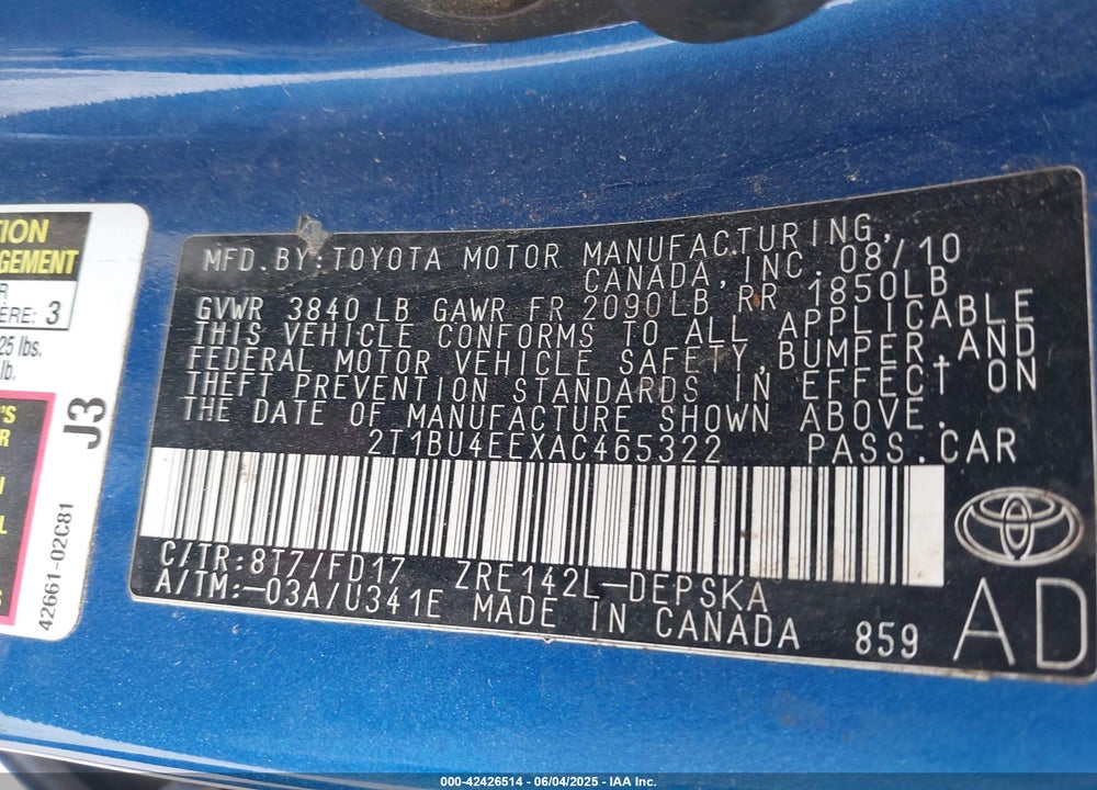 2010 TOYOTA COROLLA S VIN: 2T1BU4EEXAC465322
