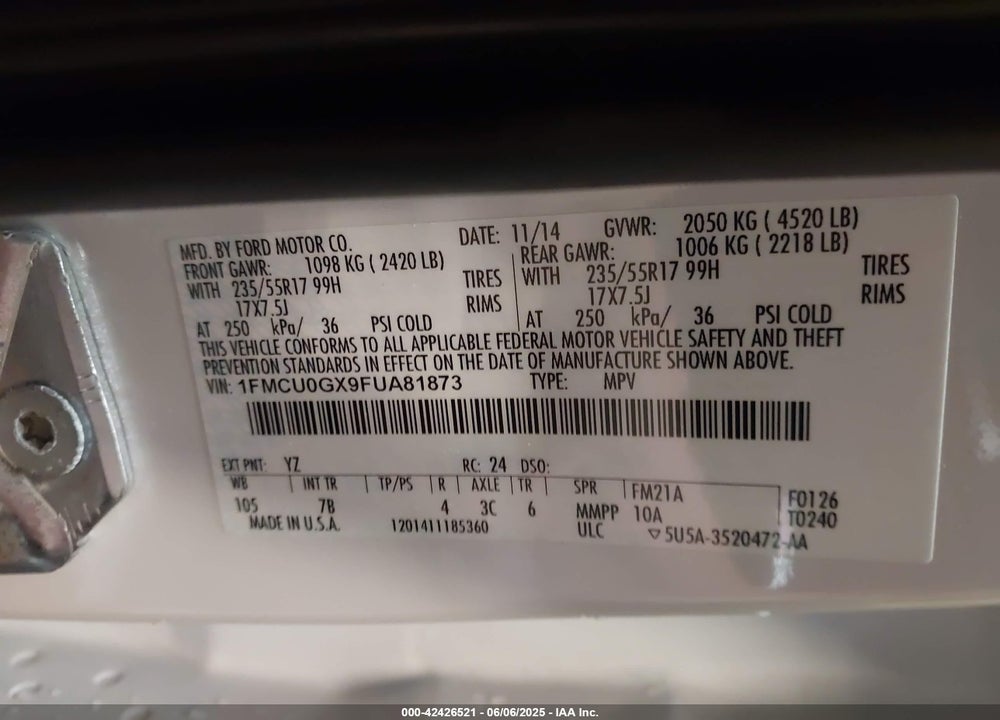 2015 FORD ESCAPE VIN: 1FMCU0GX9FUA81873