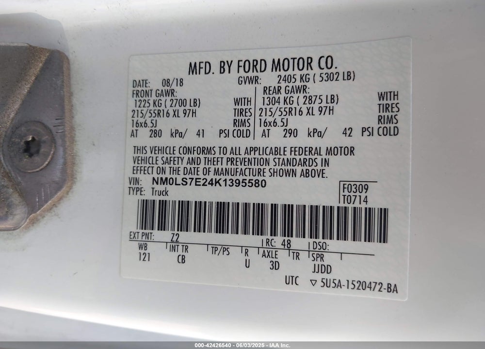 2019 FORD TRANSIT CONNECT XL VIN: NM0LS7E24K1395580