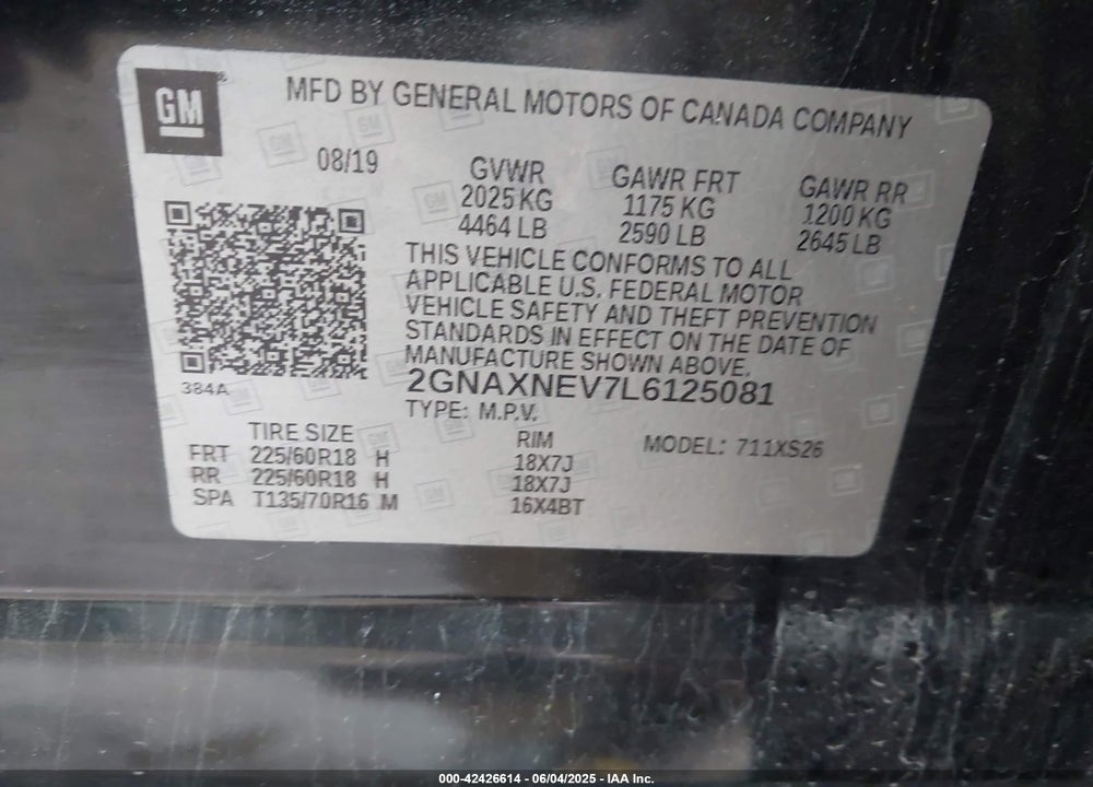 2020 CHEVROLET EQUINOX VIN: 2GNAXNEV7L6125081