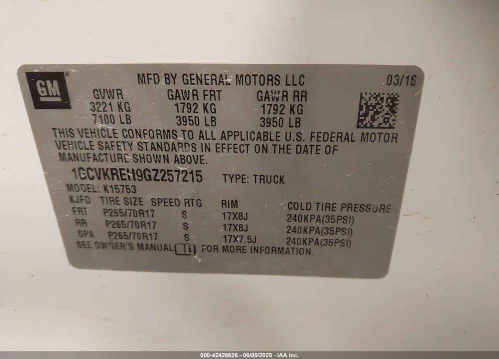 2016 CHEVROLET SILVERADO 1500 VIN: 1GCVKREH9GZ257215