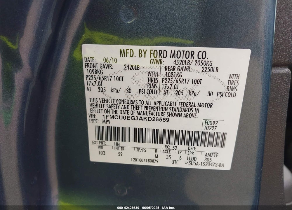 2010 FORD ESCAPE VIN: 1FMCU0EG3AKD26559