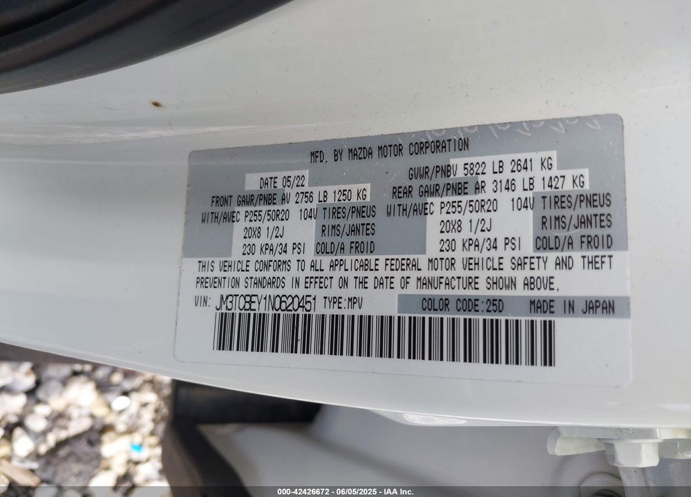 2022 MAZDA CX-9 SIGNATURE VIN: JM3TCBEY1N0620451