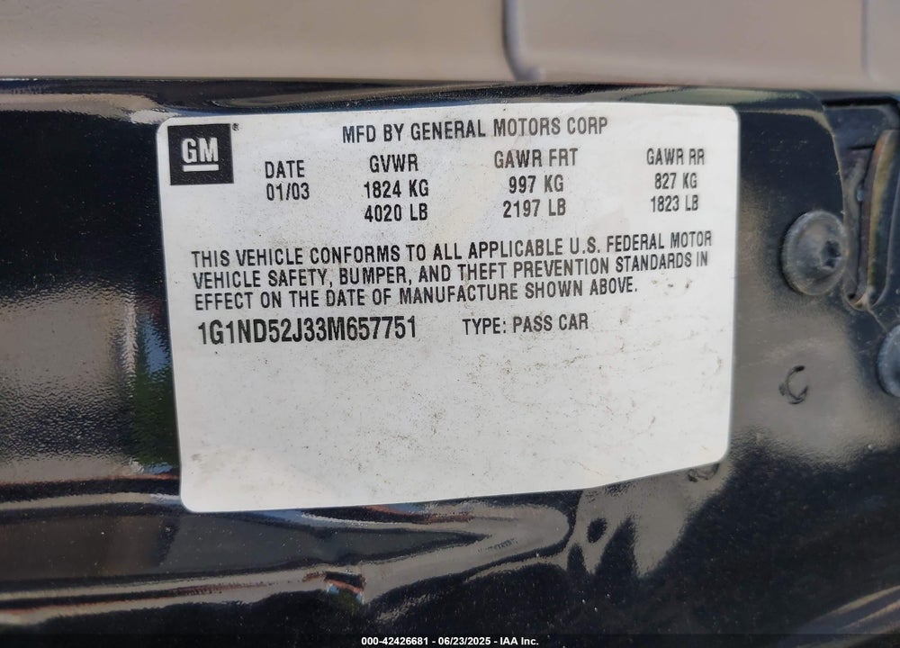 2003 CHEVROLET MALIBU VIN: 1G1ND52J33M657751