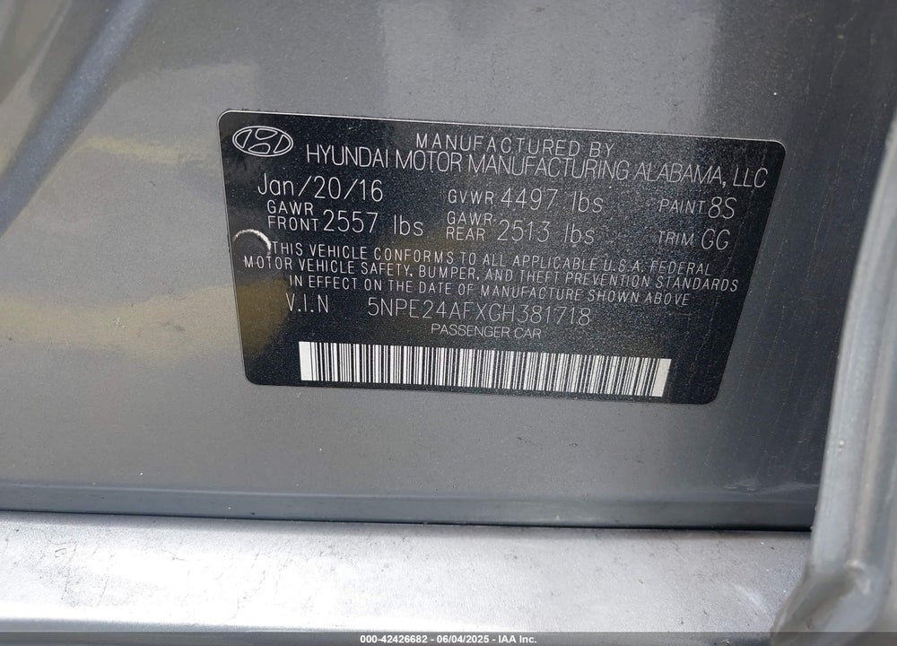 2016 HYUNDAI SONATA SE VIN: 5NPE24AFXGH381718