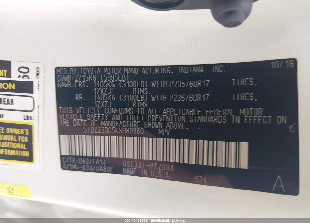 2019 TOYOTA SIENNA L 7 PASSENGER VIN: 5TDZZ3DC5KS980960