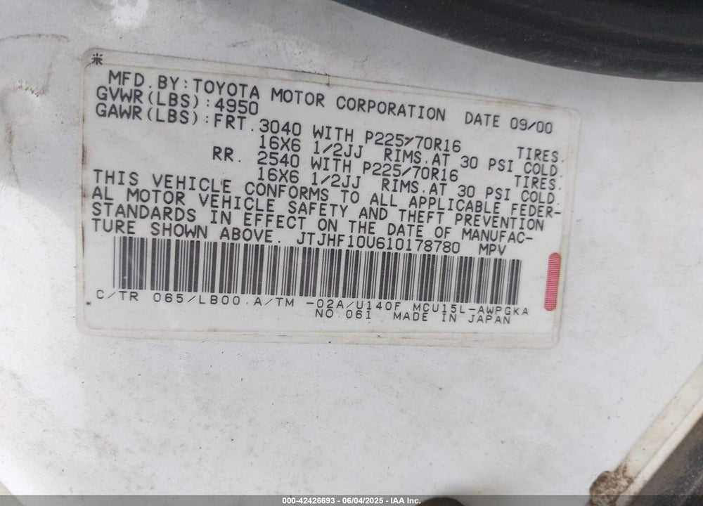 2001 LEXUS RX 300 VIN: JTJHF10U610178780