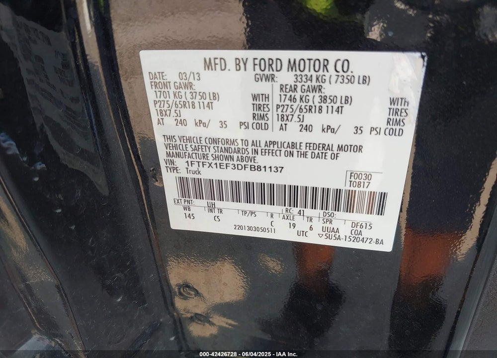 2013 FORD F-150 VIN: 1FTFX1EF3DFB81137