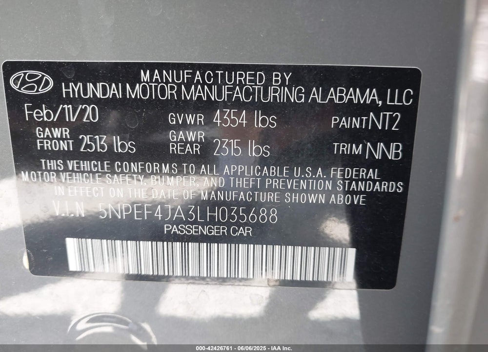 2020 HYUNDAI SONATA VIN: 5NPEF4JA3LH035688