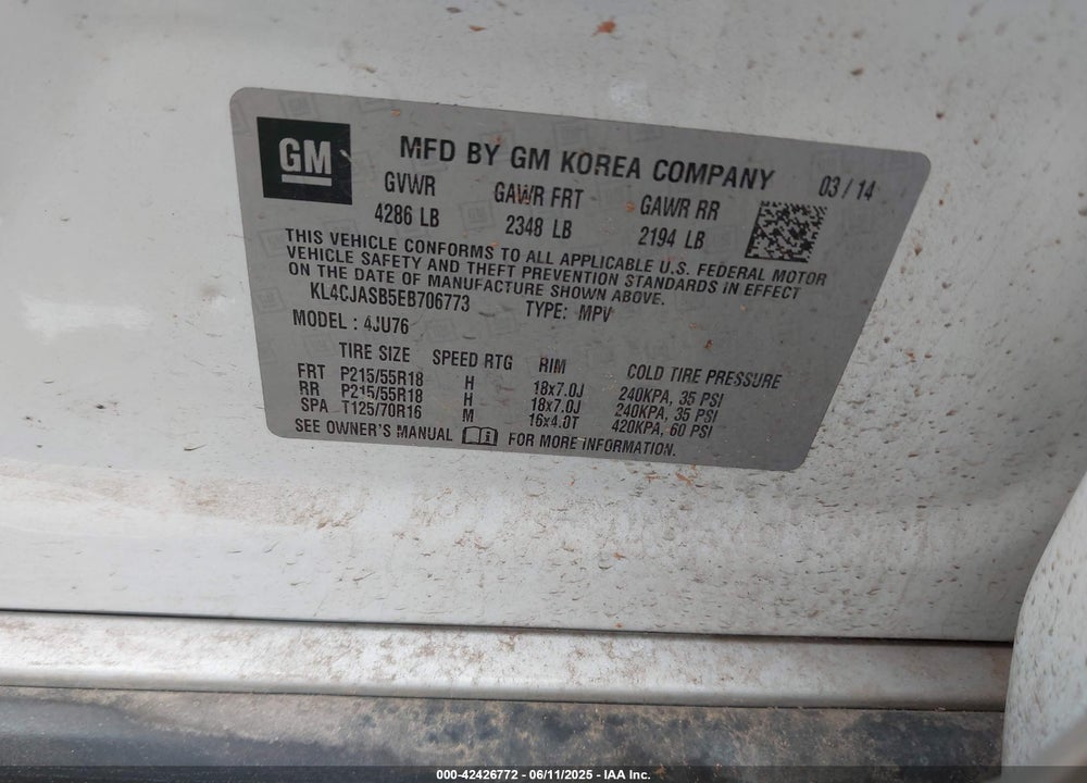 2014 BUICK ENCORE VIN: KL4CJASB5EB706773