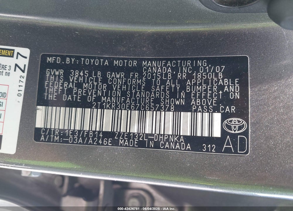 2007 TOYOTA MATRIX/XR VIN: 2T1KR30E67C657378