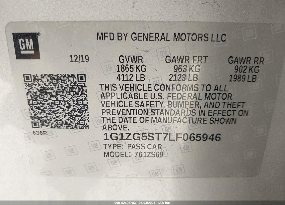 2020 CHEVROLET MALIBU VIN: 1G1ZG5ST7LF065946