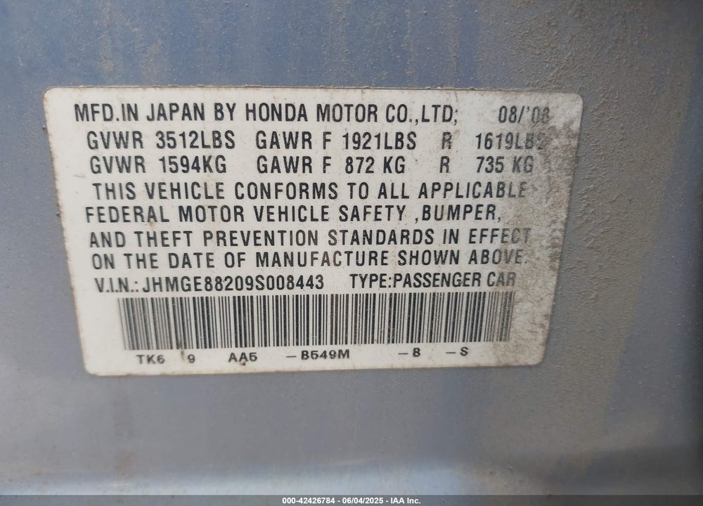 2009 HONDA FIT VIN: JHMGE88209S008443