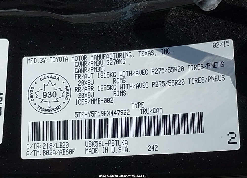 2015 TOYOTA TUNDRA VIN: 5TFHY5F19FX447922