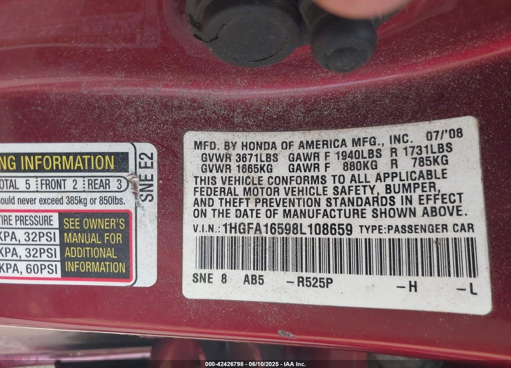 2008 HONDA CIVIC VIN: 1HGFA16598L108659