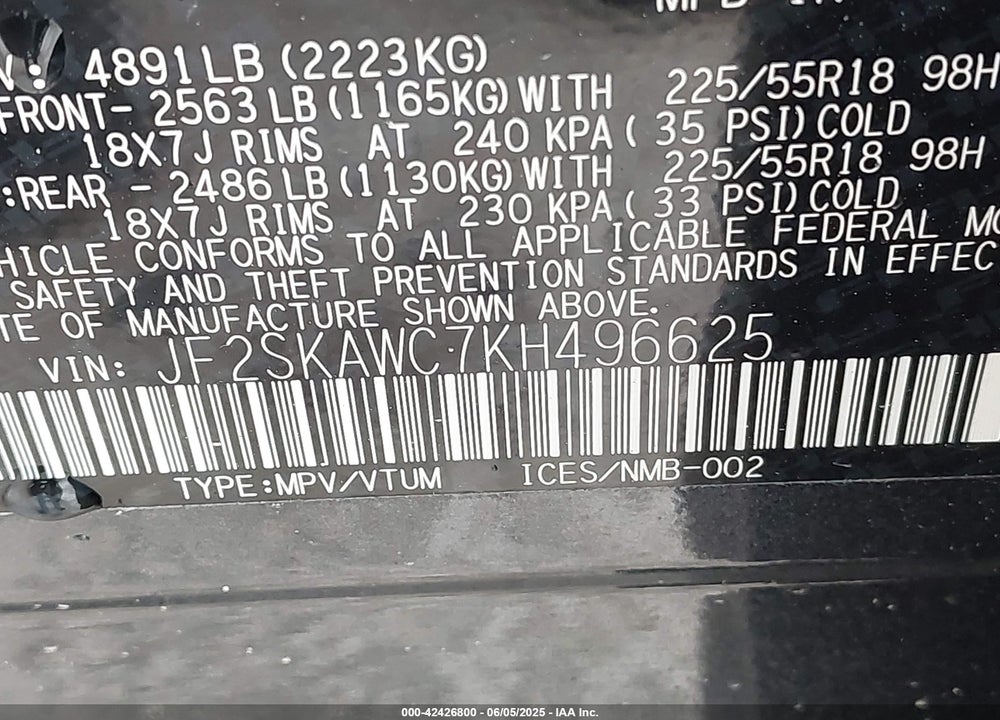 2019 SUBARU FORESTER VIN: JF2SKAWC7KH496625