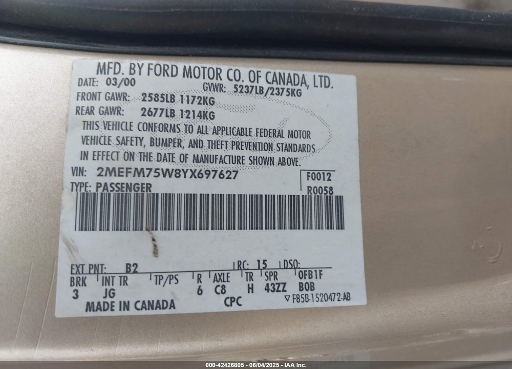 2000 MERCURY GRAND MARQUIS LS VIN: 2MEFM75W8YX697627