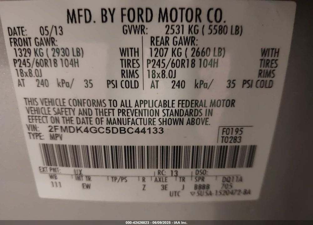 2013 FORD EDGE VIN: 2FMDK4GC5DBC44133