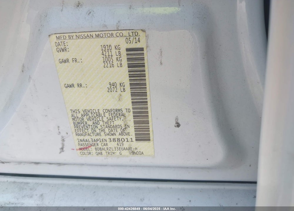 2014 NISSAN ALTIMA VIN: 1N4AL3AP1EN388011