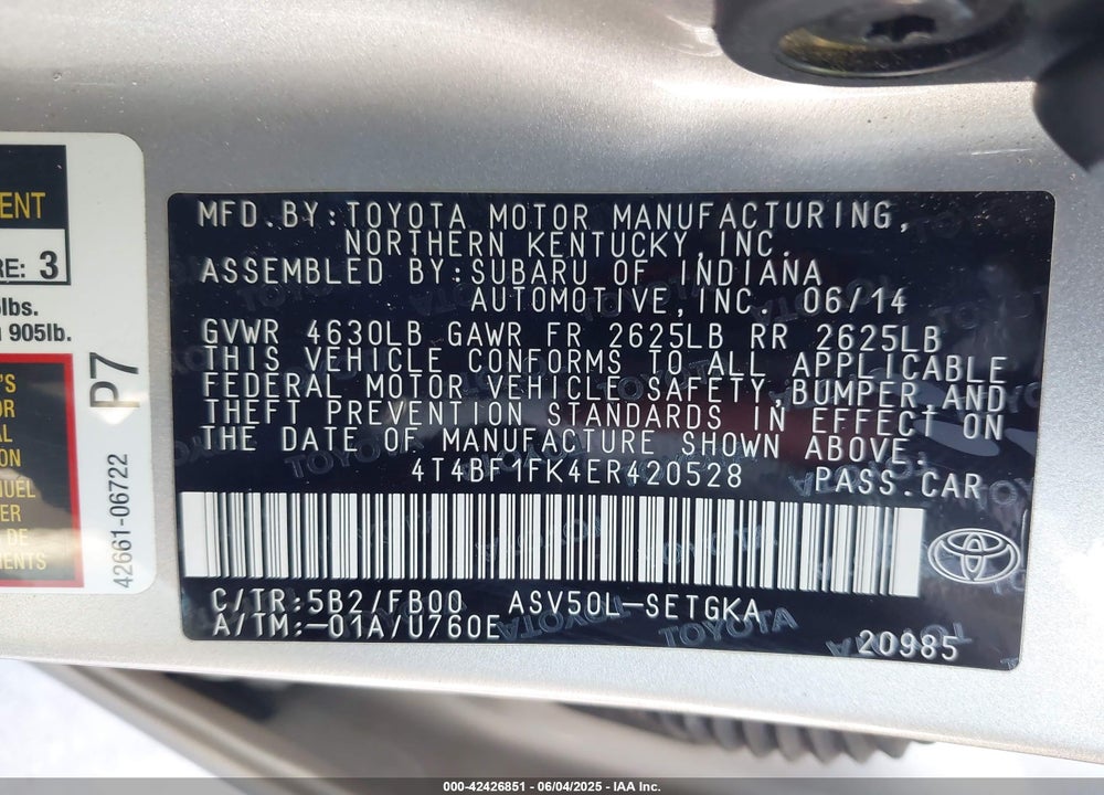 2014 TOYOTA CAMRY XLE VIN: 4T4BF1FK4ER420528