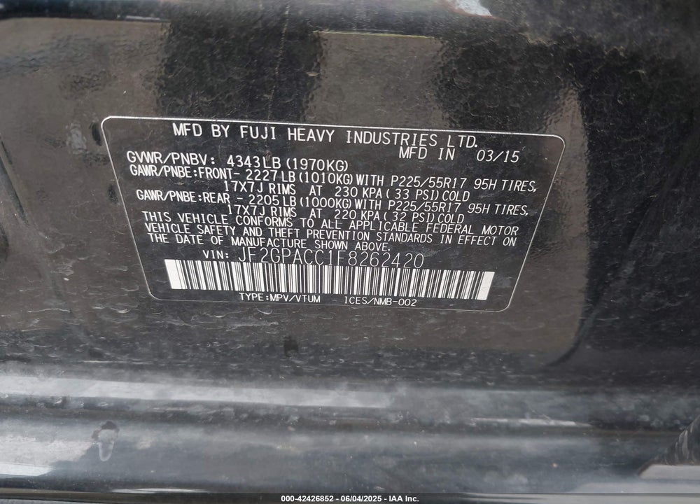 2015 SUBARU XV CROSSTREK VIN: JF2GPACC1F8262420
