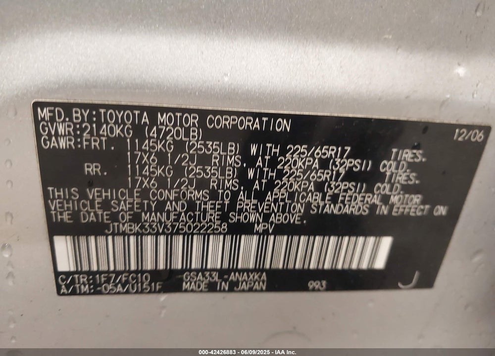 2007 TOYOTA RAV4 BASE V6 VIN: JTMBK33V375022258
