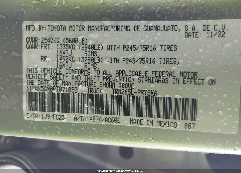 2023 TOYOTA TACOMA VIN: 3TYAX5GN0PT071080