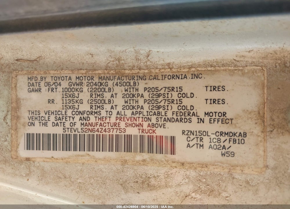 2004 TOYOTA TACOMA VIN: 5TEVL52N64Z437753