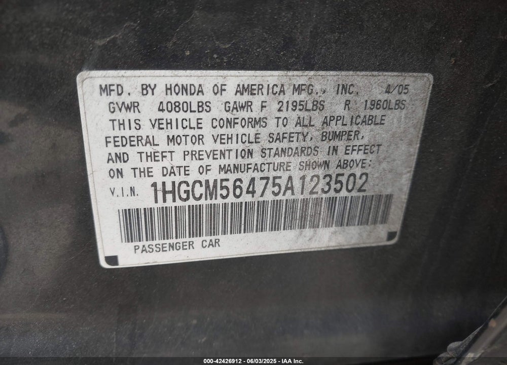 2005 HONDA ACCORD 2.4 LX VIN: 1HGCM56475A123502