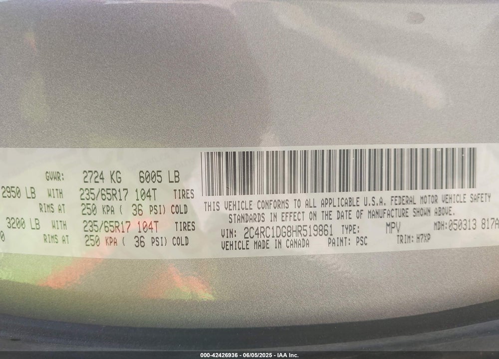 2017 CHRYSLER PACIFICA TOURING VIN: 2C4RC1DG8HR519861