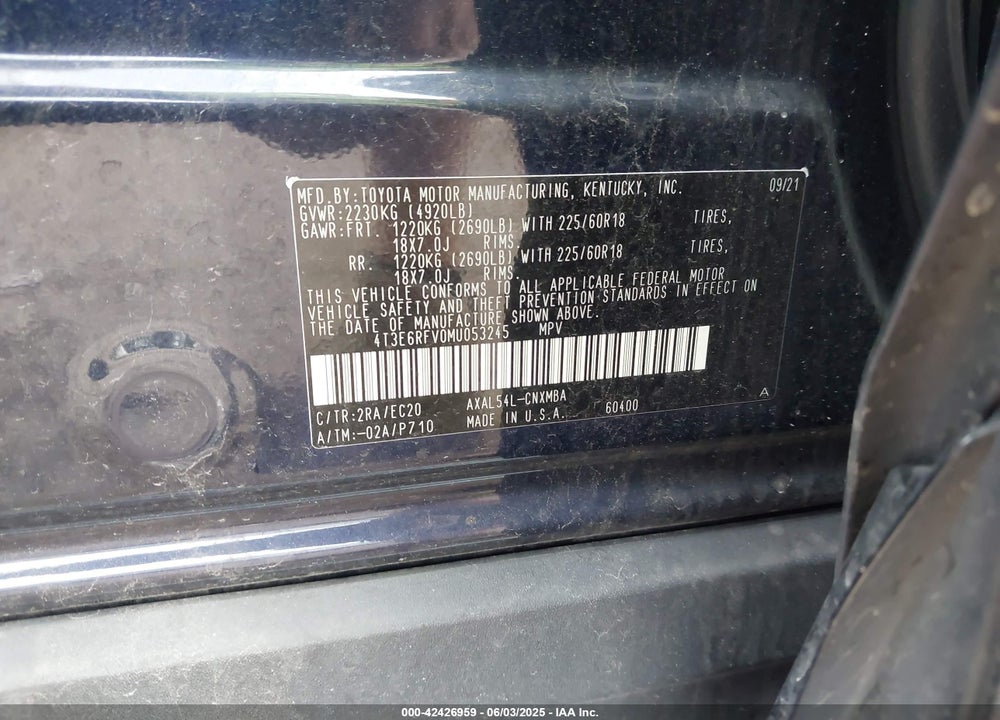 2021 TOYOTA RAV4 HYBRID VIN: 4T3E6RFV0MU053245