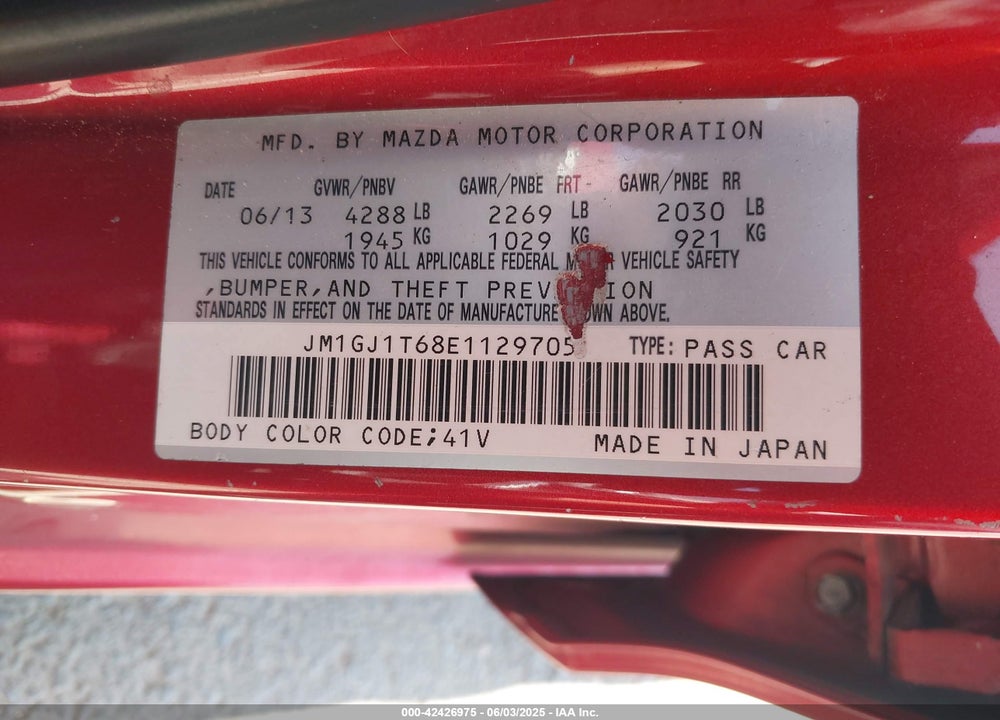 2014 MAZDA 6 VIN: JM1GJ1T68E1129705