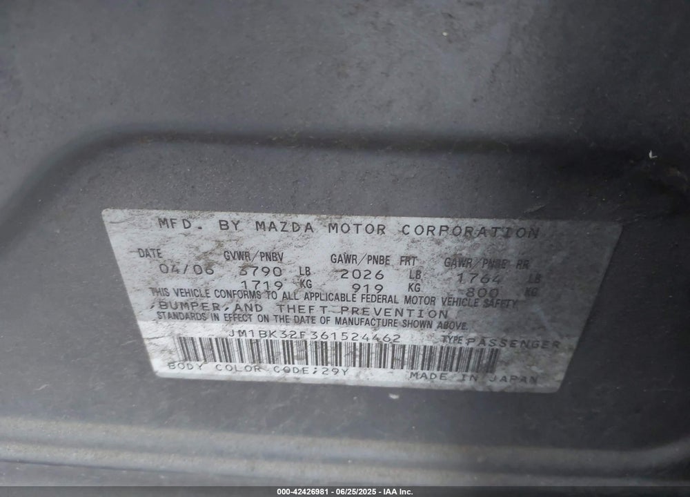 2006 MAZDA MAZDA3 VIN: JM1BK32F361524462
