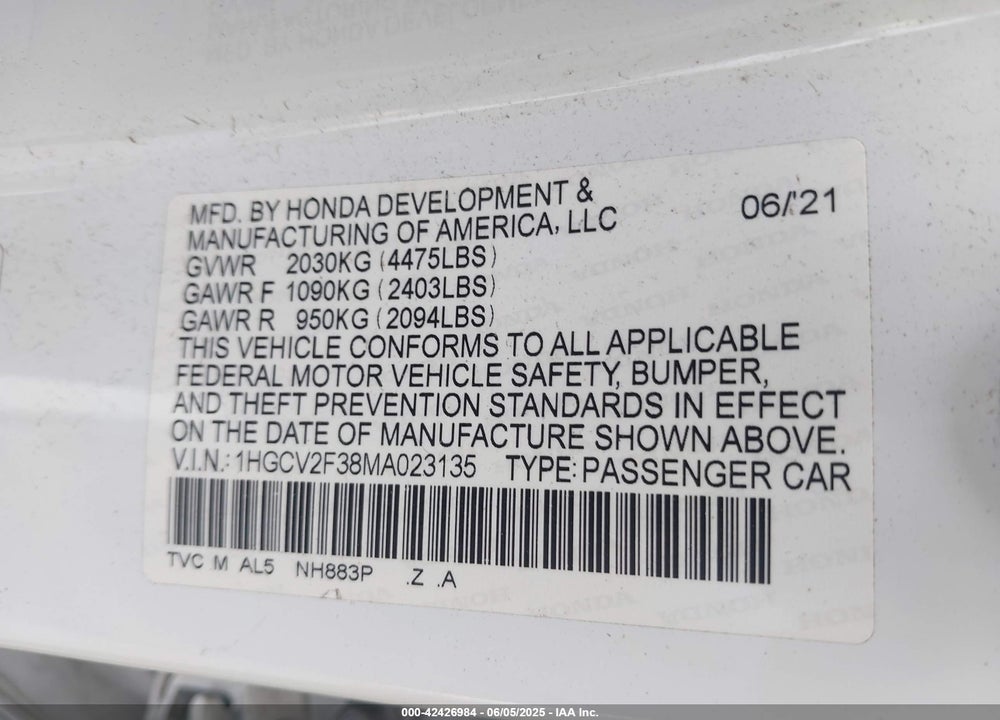 2021 HONDA ACCORD VIN: 1HGCV2F38MA023135