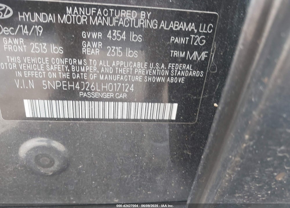 2020 HYUNDAI SONATA VIN: 5NPEH4J26LH017124