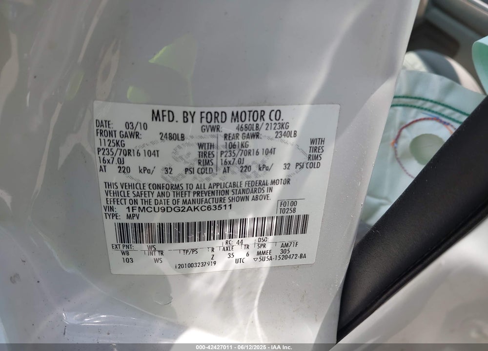 2010 FORD ESCAPE VIN: 1FMCU9DG2AKC63511