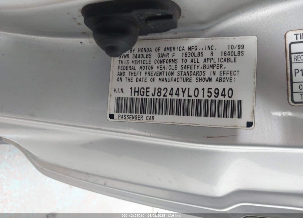 2000 HONDA CIVIC EX VIN: 1HGEJ8244YL015940