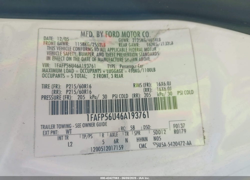 2006 FORD TAURUS VIN: 1FAFP56U46A193761