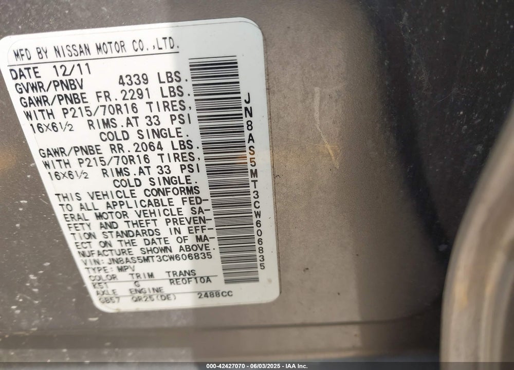 2012 NISSAN ROGUE S VIN: JN8AS5MT3CW606835
