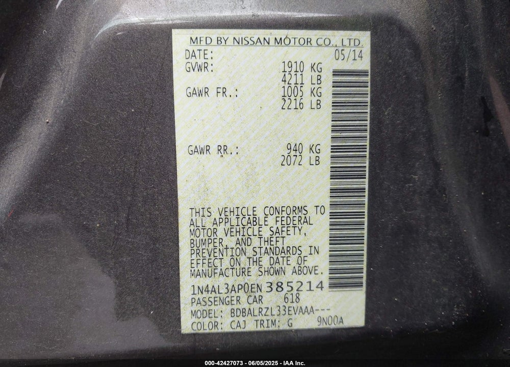 2014 NISSAN ALTIMA VIN: 1N4AL3AP0EN385214