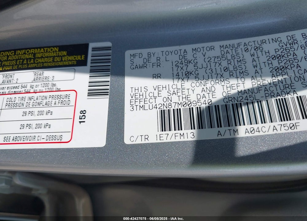 2007 TOYOTA TACOMA VIN: 3TMLU42N87M009540
