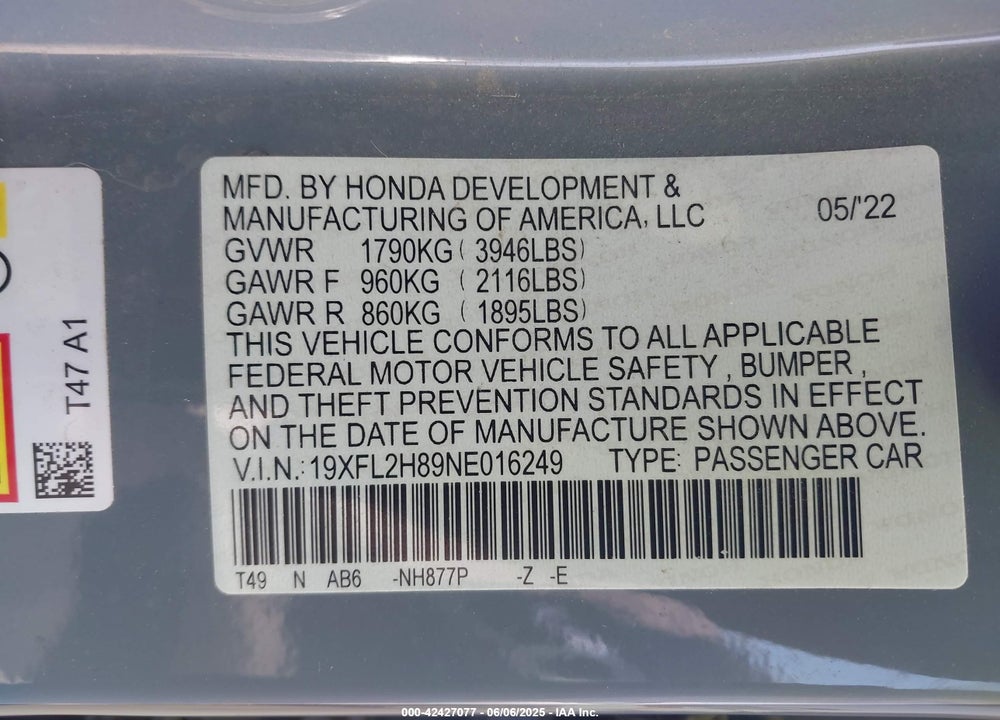 2022 HONDA CIVIC SPORT VIN: 19XFL2H89NE016249